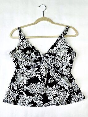 Bikini Bay Womens Sz M Tankini Top Swimwear Black White Floral Print V-Neckline